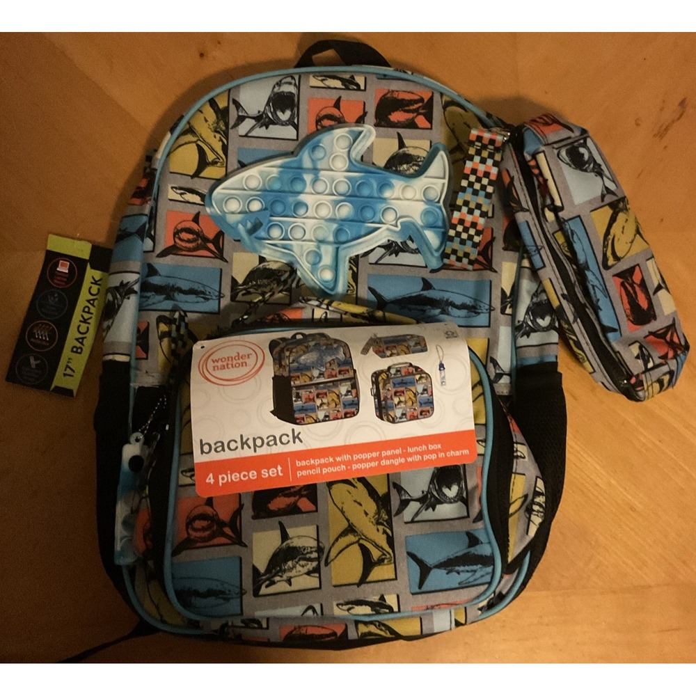 Wonder Nation 4 Pc 17 in Shark Pop It Back Pack‎ With lunch Box, Pencil Case NWT